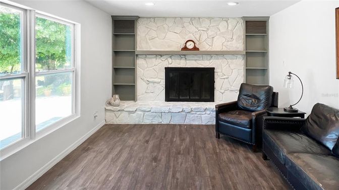 Fireplace, Interior, Recessed Lighting, Wood Texture Flooring