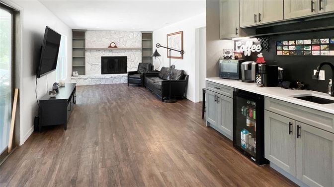 Fireplace, Interior, Kitchen, Living room, Stone Walls, Wood Texture Flooring