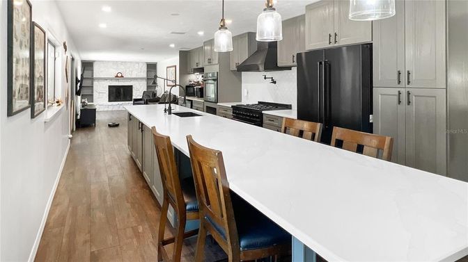 Fireplace, Interior, Kitchen, Pendant Lights, Recessed Lighting, Wood Texture Flooring