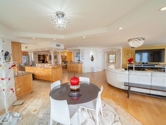 Chandelier, Dining room, Interior, Kitchen, Living room, Recessed Lighting, Stainless Steel Appliances, Wood Texture Flooring