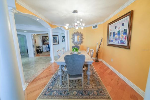 Dining room, Interior, Pendant Lights, Recessed Lighting, Wood Texture Flooring
