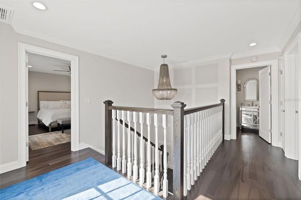 Bedroom, Chandelier, Interior, Recessed Lighting, Wood Texture Flooring