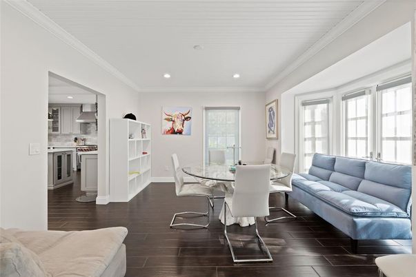 Dining room, Interior, Kitchen, Living room, Recessed Lighting, Wood Texture Flooring