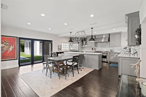 Dining room, Interior, Kitchen, Pendant Lights, Recessed Lighting, Stainless Steel Appliances, Wood Texture Flooring
