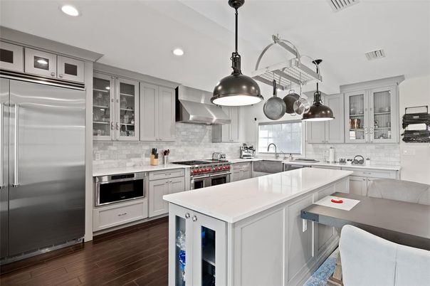 Interior, Kitchen, Pendant Lights, Recessed Lighting, Stainless Steel Appliances, Wood Texture Flooring