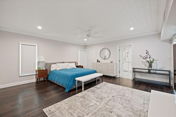 Bedroom, Interior, Recessed Lighting, Wood Texture Flooring
