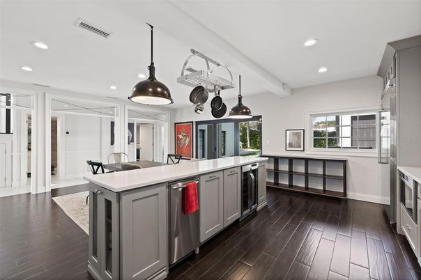Interior, Kitchen, Pendant Lights, Recessed Lighting, Wood Texture Flooring