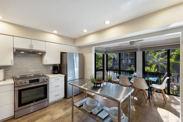 Dining room, Interior, Kitchen, Recessed Lighting, Stainless Steel Appliances, Wood Texture Flooring