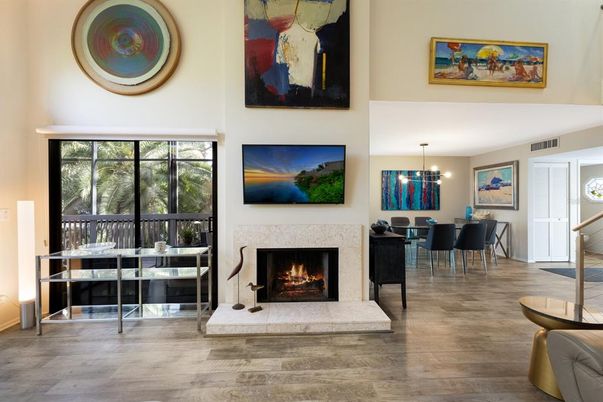 Chandelier, Dining room, Fireplace, Interior, Pendant Lights, Wood Texture Flooring