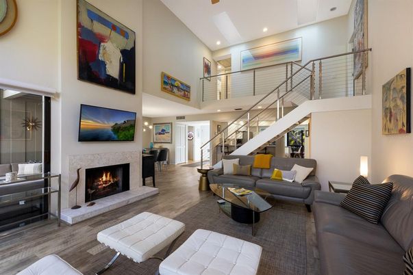 Fireplace, Interior, Living room, Recessed Lighting, Wood Texture Flooring