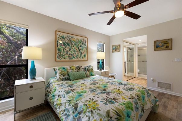 Bedroom, Interior, Recessed Lighting, Wood Texture Flooring