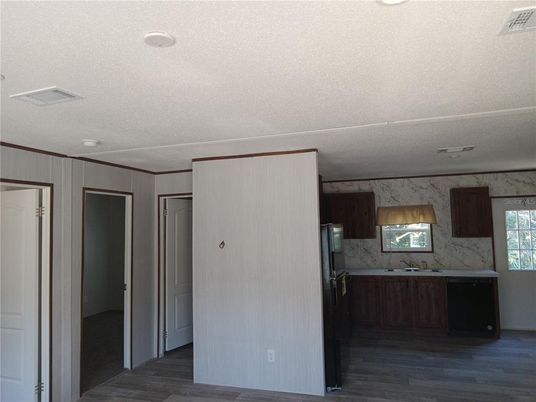 Interior, Kitchen, Marble Walls, Recessed Lighting, Wood Texture Flooring