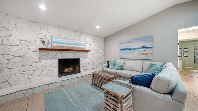 Fireplace, Interior, Living room, Marble Walls, Recessed Lighting, Stone Walls