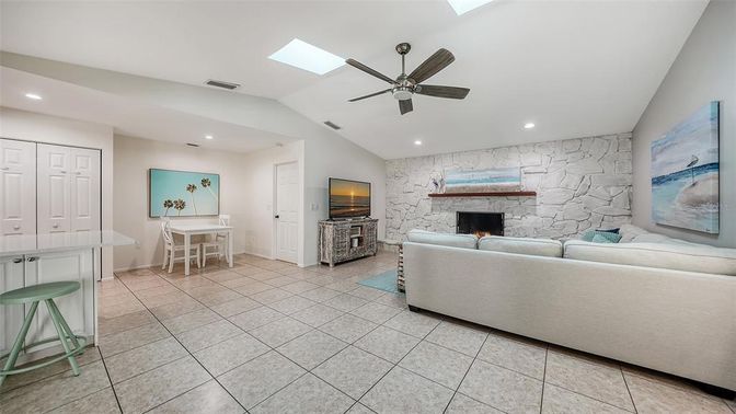 Fireplace, Interior, Living room, Recessed Lighting, Stone Walls