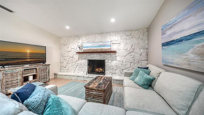 Fireplace, Interior, Living room, Recessed Lighting, Stone Walls