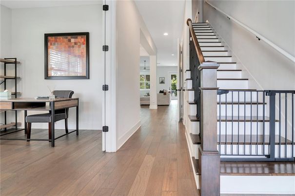 Home Office, Interior, Pendant Lights, Recessed Lighting, Wood Texture Flooring
