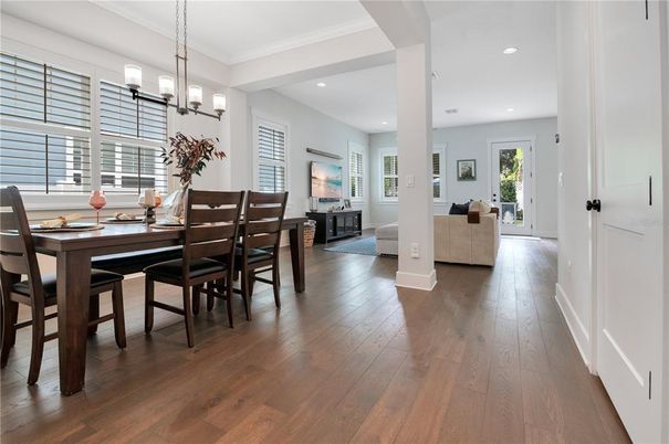 Dining room, Interior, Living room, Pendant Lights, Recessed Lighting, Wood Texture Flooring