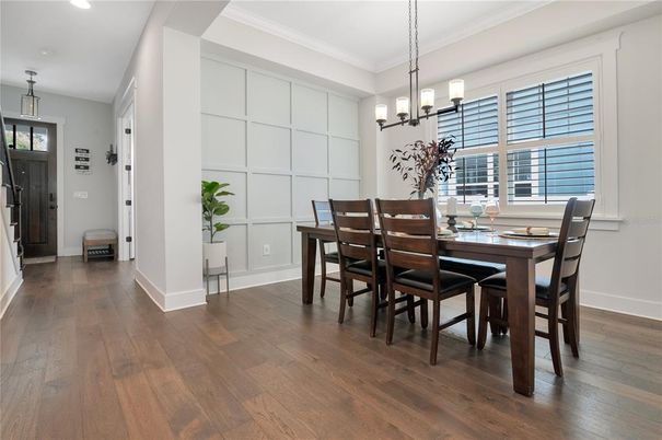 Chandelier, Dining room, Interior, Pendant Lights, Recessed Lighting, Wood Texture Flooring