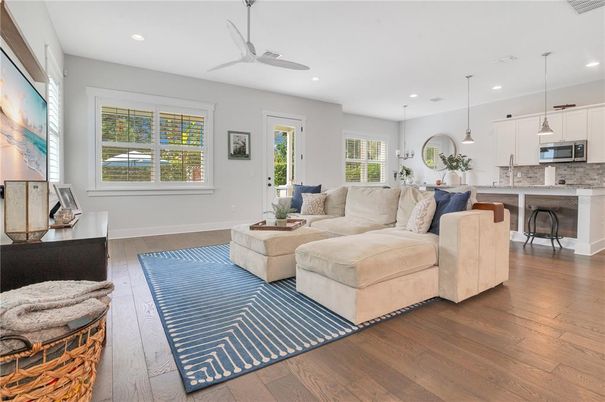 Interior, Kitchen, Living room, Pendant Lights, Recessed Lighting, Wood Texture Flooring