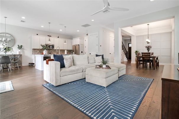 Dining room, Interior, Kitchen, Living room, Pendant Lights, Recessed Lighting, Stainless Steel Appliances, Wood Texture Flooring
