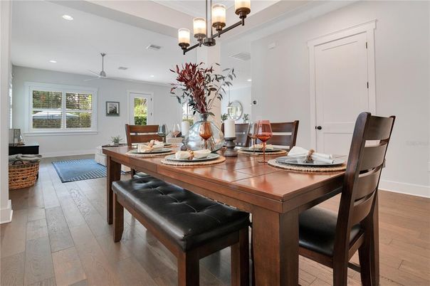Chandelier, Dining room, Interior, Recessed Lighting, Wood Texture Flooring