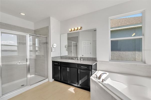 Bathroom, Glass Shower, Interior, Recessed Lighting, Wood Texture Flooring