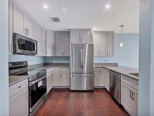 Interior, Kitchen, Pendant Lights, Recessed Lighting, Stainless Steel Appliances, Wood Texture Flooring