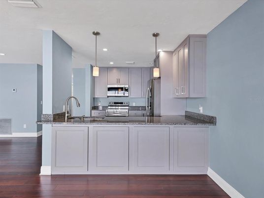 Interior, Kitchen, Pendant Lights, Recessed Lighting, Stainless Steel Appliances, Wood Texture Flooring