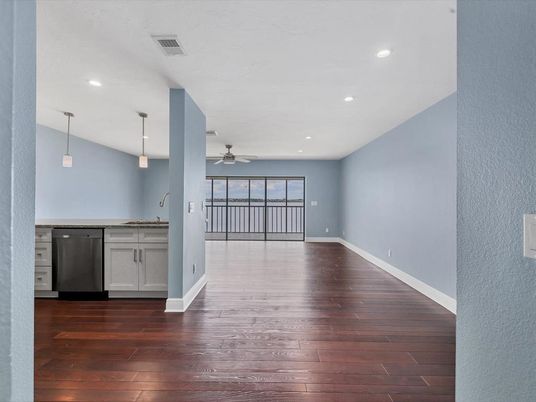 Empty room, Interior, Kitchen, Pendant Lights, Recessed Lighting, Wood Texture Flooring