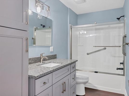 Bathroom, Glass Shower, Interior, Wood Texture Flooring