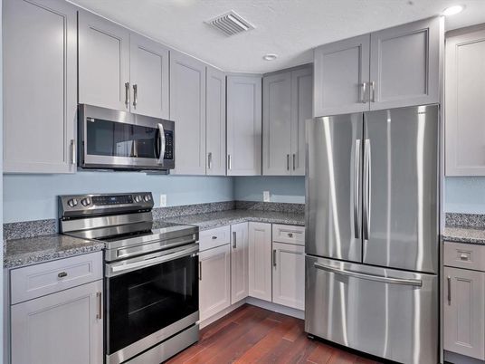 Interior, Kitchen, Recessed Lighting, Stainless Steel Appliances, Wood Texture Flooring
