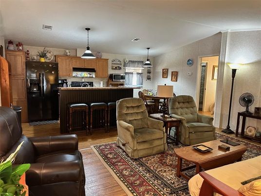 Dining room, Interior, Kitchen, Living room, Pendant Lights, Stainless Steel Appliances, Wood Texture Flooring