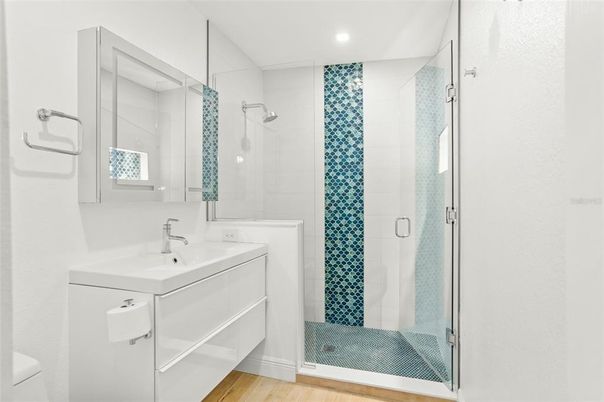 Bathroom, Glass Shower, Interior, Recessed Lighting, Wood Texture Flooring