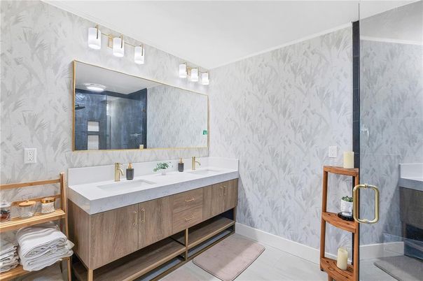 Bathroom, Dual Sink Vanities, Glass Shower, Interior, Marble Walls