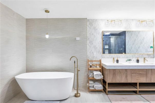Bathroom, Dual Sink Vanities, Free Standing Baths, Interior, Marble Walls