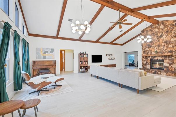 Fireplace, Interior, Living room, Pendant Lights, Wooden Beams, Wood Texture Flooring