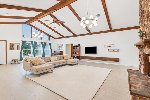 Chandelier, Fireplace, Interior, Living room, Pendant Lights, Wooden Beams, Wood Texture Flooring