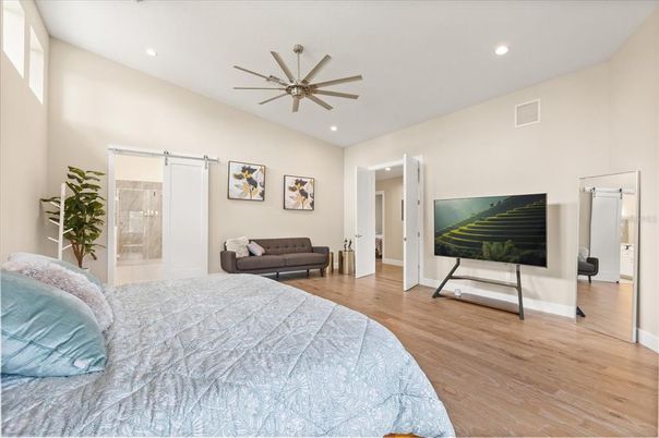 Bedroom, Interior, Recessed Lighting, Wood Texture Flooring