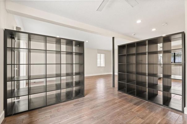 Empty room, Interior, Recessed Lighting, Wood Texture Flooring