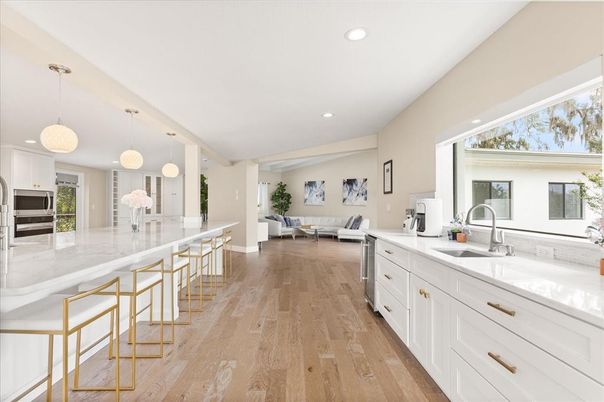 Interior, Kitchen, Living room, Pendant Lights, Recessed Lighting, Stainless Steel Appliances, Wood Texture Flooring