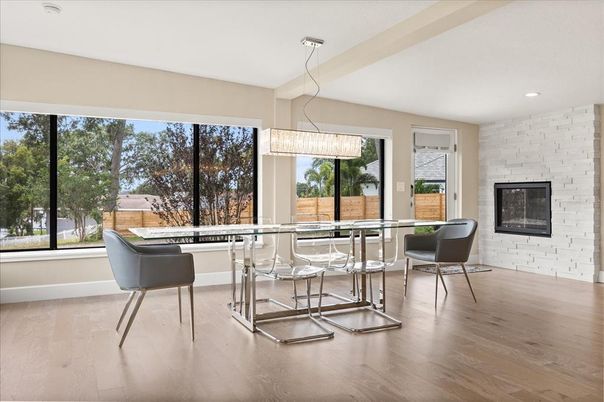 Chandelier, Interior, Pendant Lights, Recessed Lighting, Stone Walls, Wood Texture Flooring