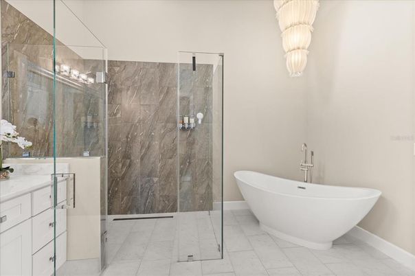 Bathroom, Free Standing Baths, Glass Shower, Interior, Marble, Marble Walls