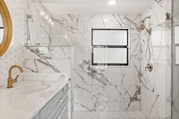 Bathroom, Interior, Marble Walls, Recessed Lighting