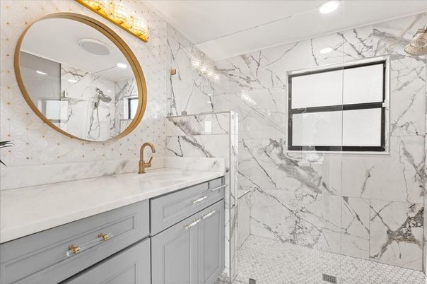 Bathroom, Glass Shower, Interior, Marble Walls, Recessed Lighting