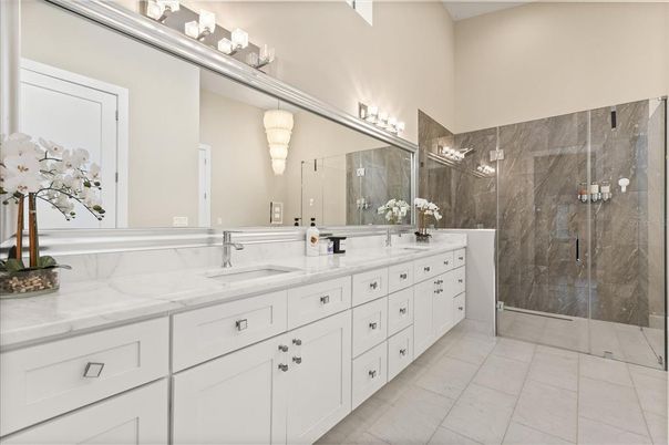 Bathroom, Dual Sink Vanities, Glass Shower, Interior, Marble Walls