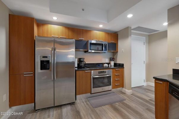 Interior, Kitchen, Recessed Lighting, Stainless Steel Appliances, Wood Texture Flooring