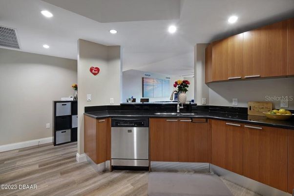 Interior, Kitchen, Recessed Lighting, Stainless Steel Appliances, Wood Texture Flooring