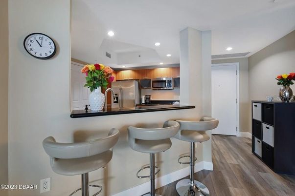 Interior, Kitchen, Recessed Lighting, Stainless Steel Appliances, Wood Texture Flooring