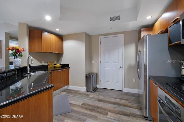 Interior, Kitchen, Recessed Lighting, Stainless Steel Appliances, Wood Texture Flooring