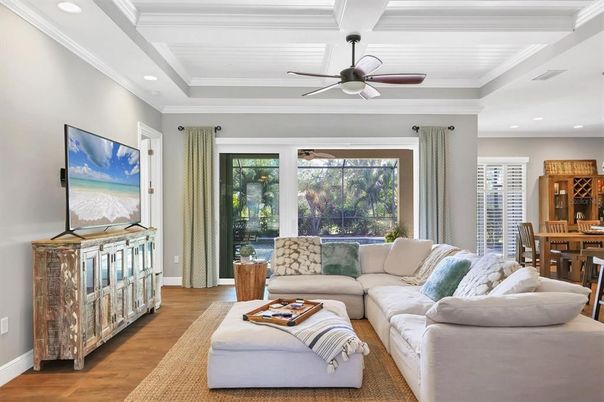 Dining room, Interior, Living room, Recessed Lighting, Wood Texture Flooring